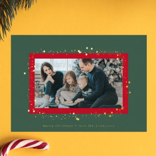elegant gold red green stars christmas photo frame foil holiday card