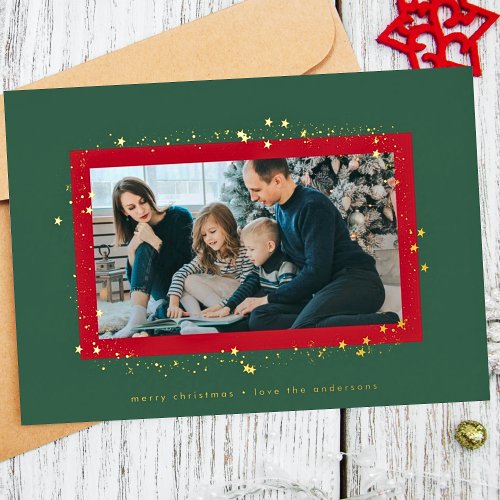 elegant gold red green stars christmas photo frame foil holiday card