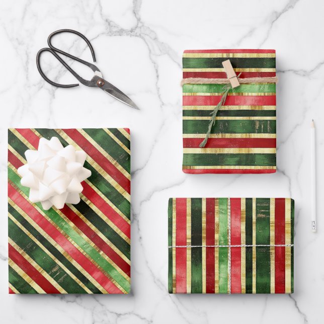 Elegant Gold Red Green Stripes Christmas Wrapping Paper Sheets (Front)