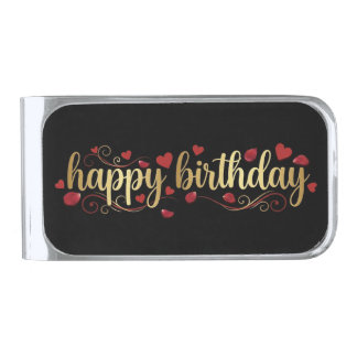 Elegant Gold & Red Heart Happy Birthday Romantic G Silver Finish Money Clip