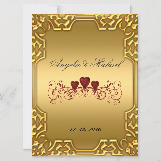 Elegant  Gold Red Hearts Wedding Invitation (Front)