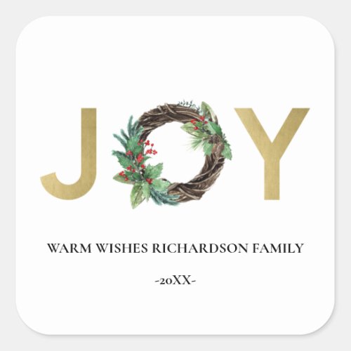 ELEGANT GOLD RED HOLLY BERRY JOY WREATH CHRISTMAS SQUARE STICKER