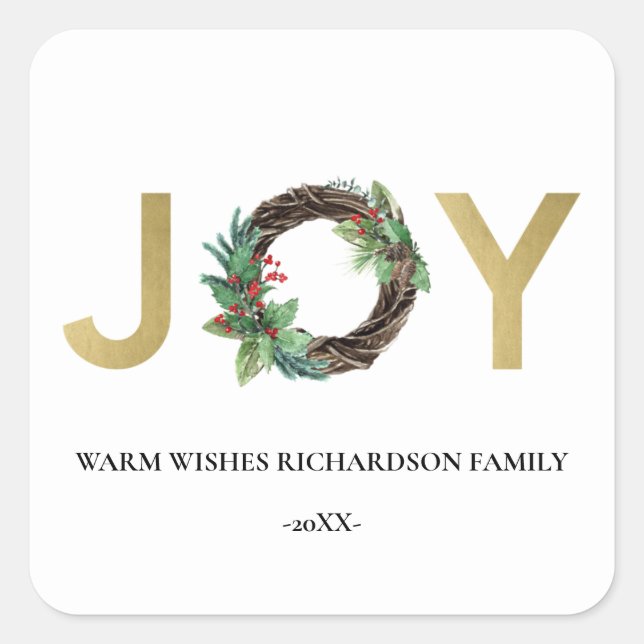 ELEGANT GOLD RED HOLLY BERRY JOY WREATH CHRISTMAS SQUARE STICKER (Front)