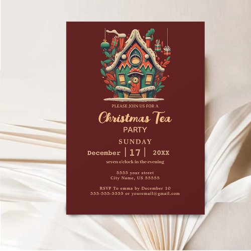 Elegant Gold  Red House Christmas Tea Party  Invitation