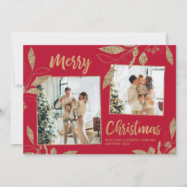 Elegant Gold Red Leaves 2 Photo Christmas Card (Front)