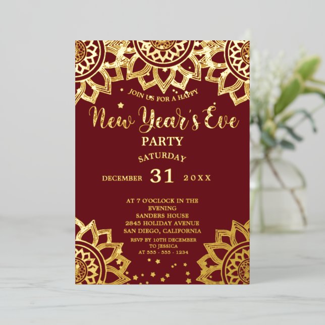 Elegant Gold Red Mandala New Year's Eve Party    Foil Invitation (Standing Front)