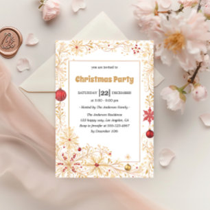 Elegant Gold & Red Ornaments Christmas Party Invitation