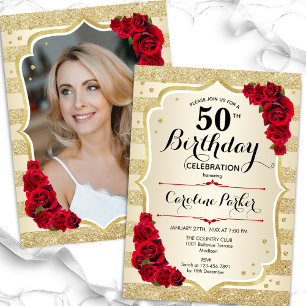 Elegant Gold Red Photo 50th Birthday Invitation