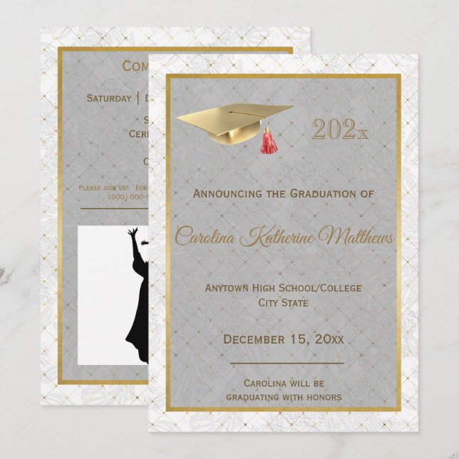 Elegant Gold Red Photo Cap Graduation Announcement (Front/Back)