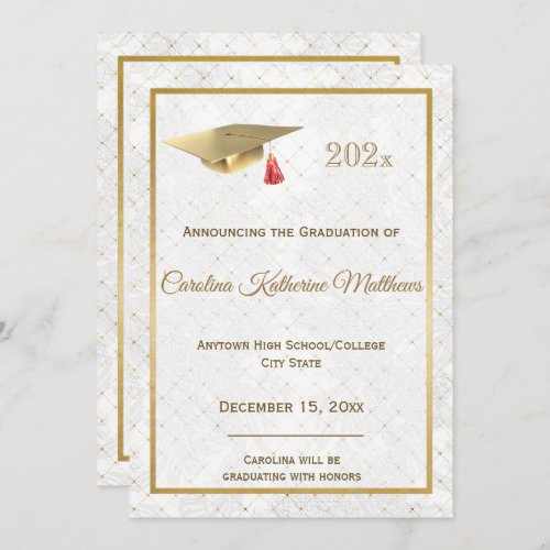 Elegant Gold Red Photo Cap Graduation Announcement