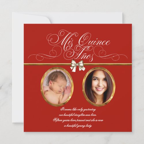Elegant Gold Red Photo Quinceanera Invitations