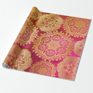 Elegant Gold Red Pink Mandala Pattern Wrapping Paper