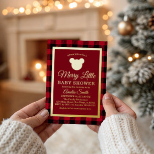 Elegant Gold Red Plaid Merry Little Baby Shower Foil Invitation