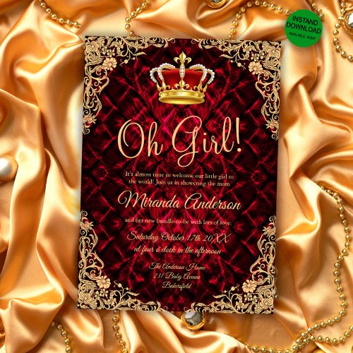 Elegant Gold Red Princess Crown Baby Shower Invitation