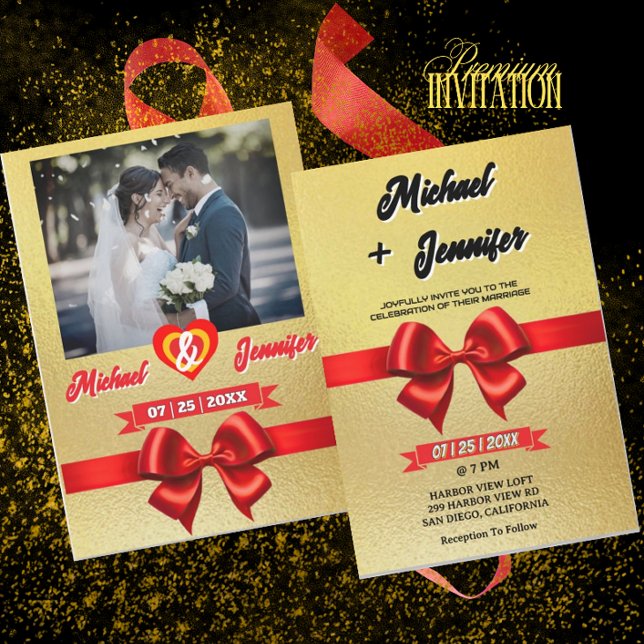 Elegant Gold & Red Ribbon Custom Photo Wedding  Invitation (Creator Uploaded)