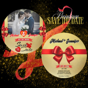 Elegant Gold & Red Ribbon Custom Photo Wedding Save The Date