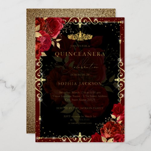 Elegant Gold Red Rose Quinceanera  Foil Invitation