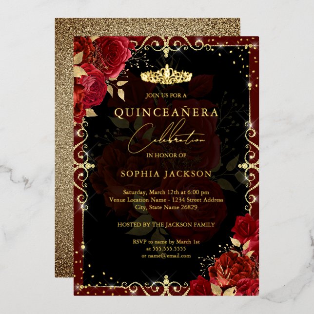 Elegant Gold Red Rose Quinceanera  Foil Invitation (Front/Back)