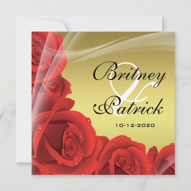 Elegant Gold & Red Rose Wedding Invitations (Front)