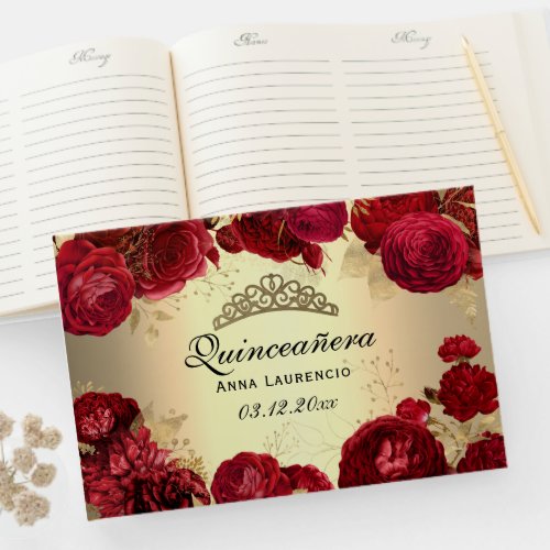 Elegant Gold Red Roses Quinceanera Custom Guest Book