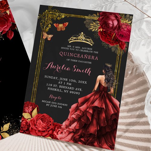 Elegant Gold Red Roses Royal Quinceaera Invitation