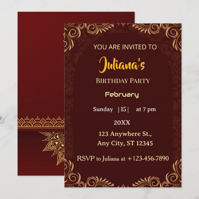 Elegant Gold Red Royal Minimal Birthday Invitation (Front/Back)