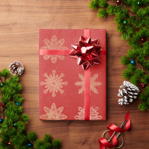 Elegant Gold  Red Snowflake Christmas Pattern Wrapping Paper