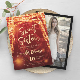 Elegant Gold & Red String Lights Photo Sweet 16 Invitation