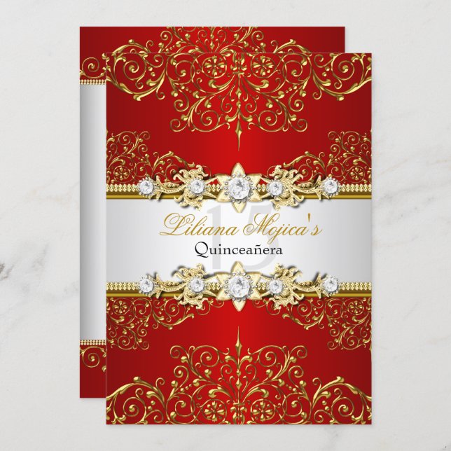 Elegant Gold Red Vintage Glamour Quinceanera Invitation (Front/Back)