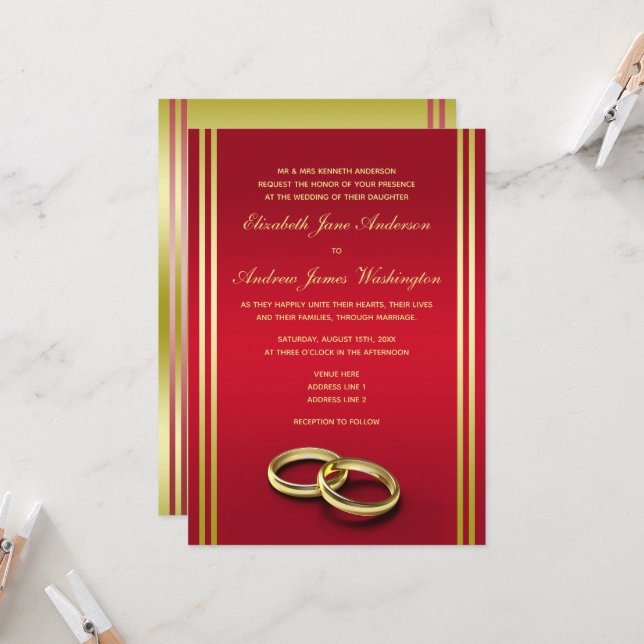 Elegant Gold & Red, Wedding Rings Wedding Invitation (Front/Back In Situ)