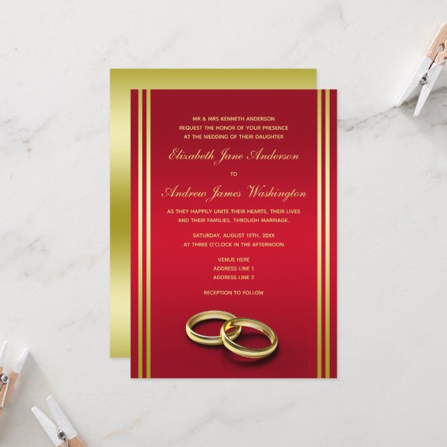 Elegant Gold & Red, Wedding Rings Wedding Invitation (Front/Back In Situ)