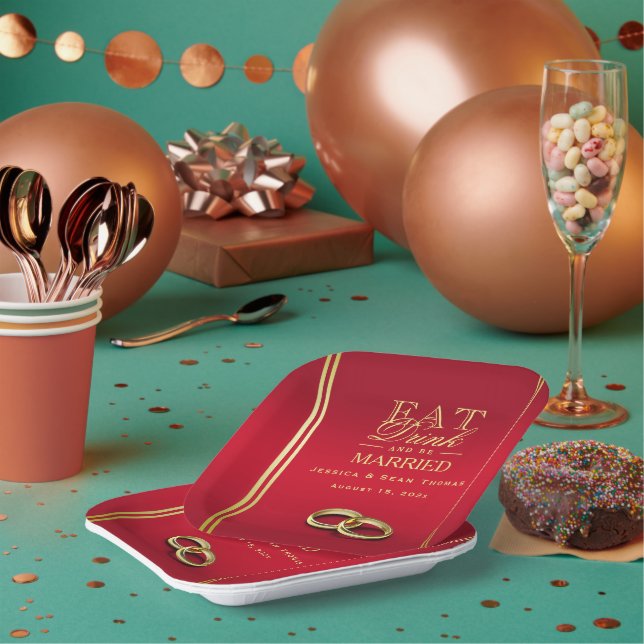 Elegant Gold & Red, Wedding Rings Wedding Paper Plates (Multi)