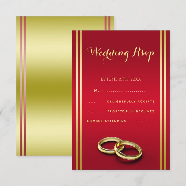 Elegant Gold & Red, Wedding Rings Wedding RSVP Card (Front/Back)