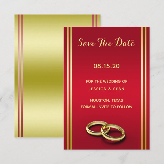 Elegant Gold & Red, Wedding Rings Wedding Save The Date (Front/Back)
