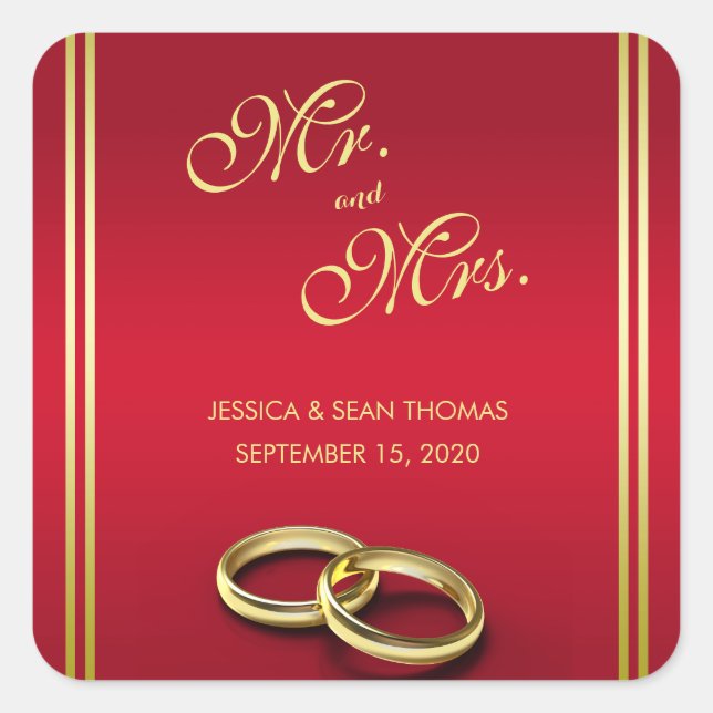 Elegant Gold & Red, Wedding Rings Wedding Square Sticker (Front)