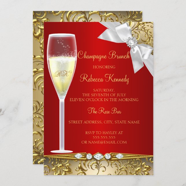 Elegant Gold Red White Champagne Brunch Invitation (Front/Back)