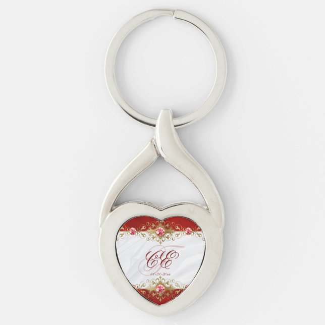 Elegant Gold Red White Wedding Monogram Keychain (Front)
