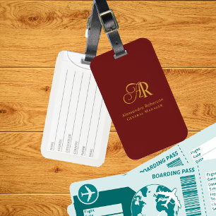 Elegant Gold & Red Wine Monogrammed Luggage Tag