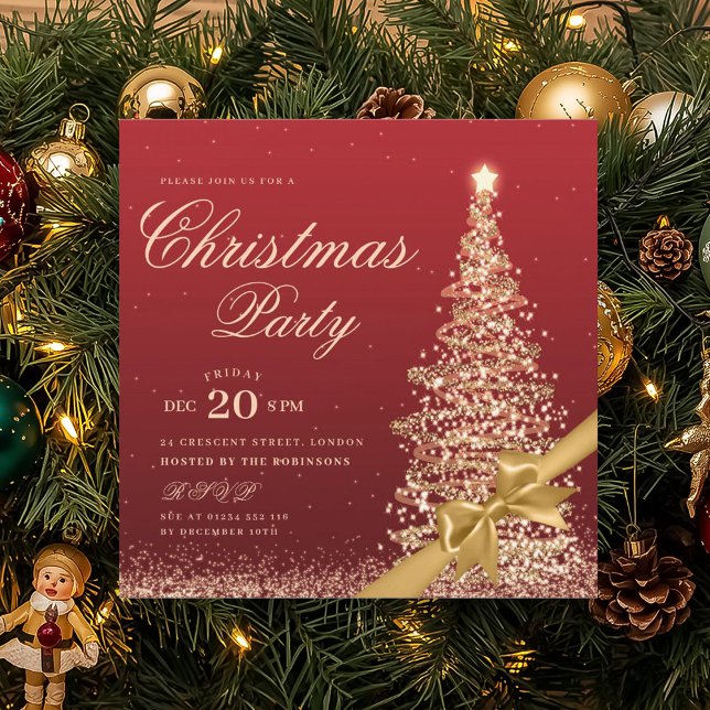 Elegant Gold Red Winter Christmas Tree Bow Party  Invitation (Elegant Gold Red Winter Christmas Tree Bow Party Invitation)