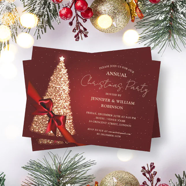 Elegant Gold Red Xmas Tree Ribbon Holiday Party Invitation | Zazzle
