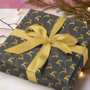 Elegant Gold Reindeer Black Christmas Holiday Wrapping Paper