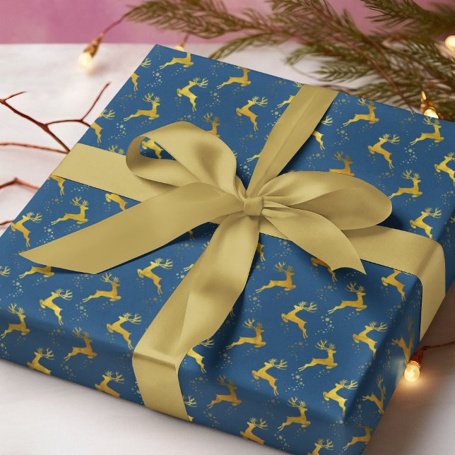 Elegant Gold Reindeer Blue Christmas Holiday Wrapping Paper (Creator Uploaded)
