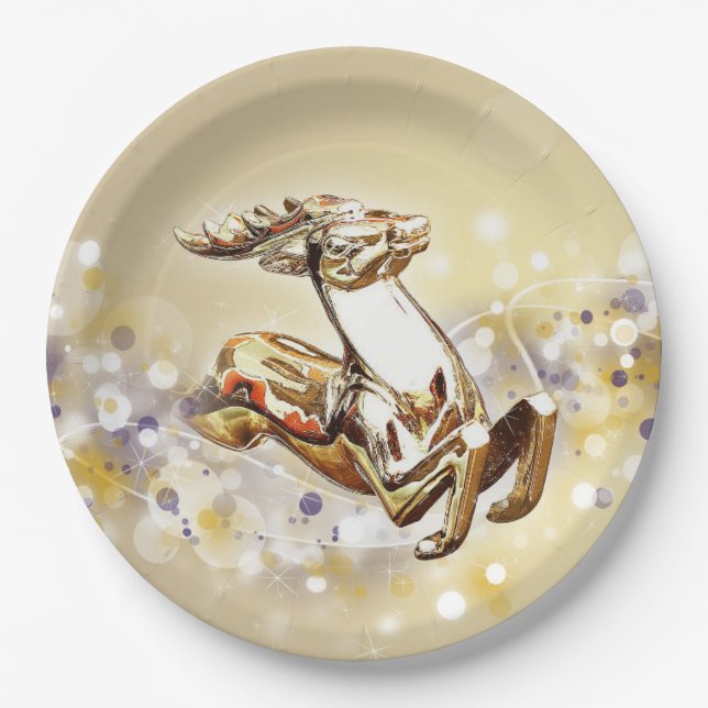 Elegant Gold Reindeer Christmas Paper Plates (Front)