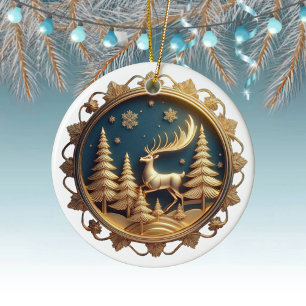 Elegant Gold Reindeer, Deer, Xmas Snowflakes Cera Ceramic Ornament