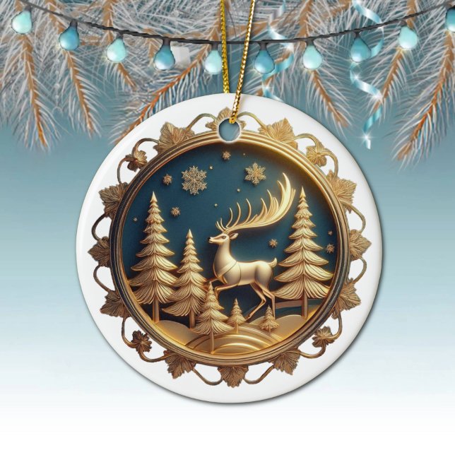 Elegant Gold Reindeer, Deer, Xmas Snowflakes  Cera Ceramic Ornament (Round ceramic reindeer ornament with elegant gold colored frame, Festive Golden deer decor. 🦌🎄)