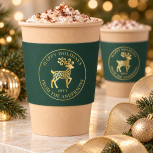 Elegant Gold Reindeer Fir Green Holiday Gathering Coffee Cup Sleeve
