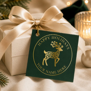 Elegant Gold Reindeer Fir Green Holiday Gift Tag