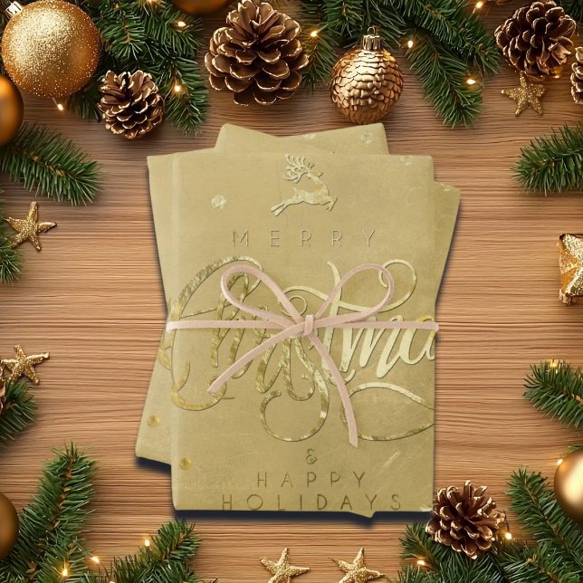 Elegant Gold Reindeer Gold Letters Christmas Wrapping Paper Sheets (Creator Uploaded)