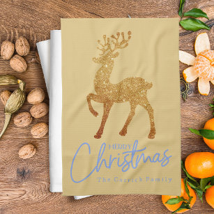 Filigree Reindeer Embroidered on Black Tea Towel Elegant 