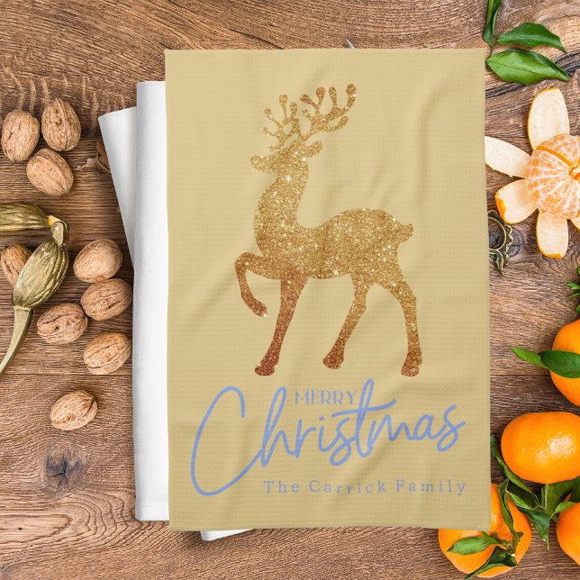 Elegant Gold Reindeer Merry Christmas Script Kitchen Towel (Creator Uploaded)